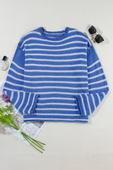 Green Stripe Casual Stripe Round Neck Drop Shoulder Sweater