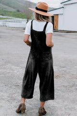 Black Distressed Bib Pocket Wide Leg Denim Overall