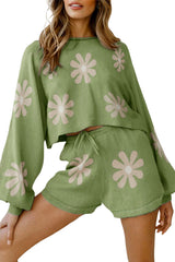 Green 60s Floral Print Knitted Top & Drawstring Shorts Two Piece Set