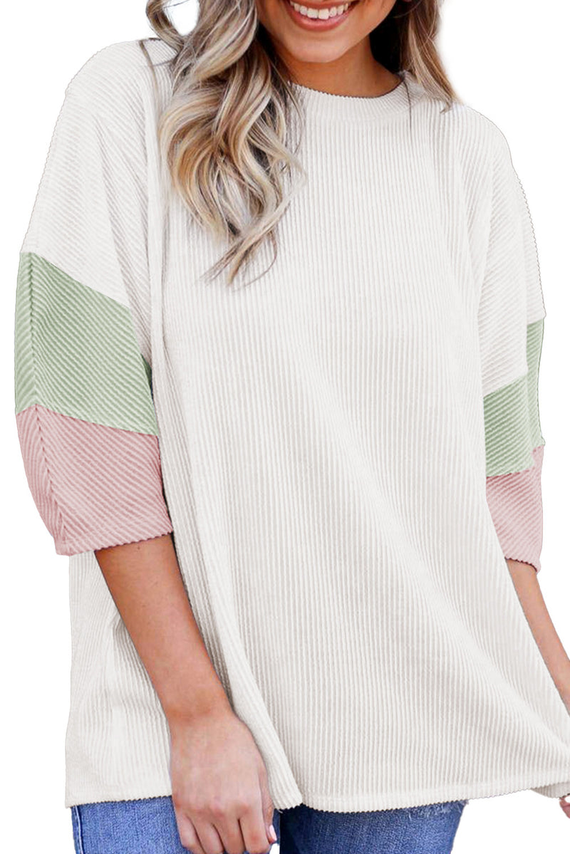 White Ribbed Colorblock Drop Sleeve Top