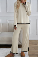 Apricot Contrast Trim Split Cuffs Round Neck Top and Pants Set