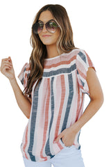 Pink and Blue Stripes Shirt Flutter Sleeve V Neck Blouse for Women