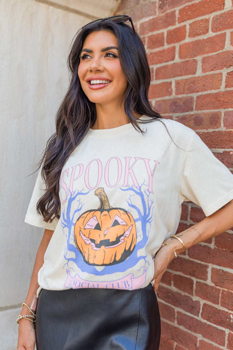 White SPOOKY Pumpkin Print Round Neck Halloween T Shirt