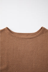 Khaki Waffle Knit Casual Drop Shoulder Long Sleeve Top