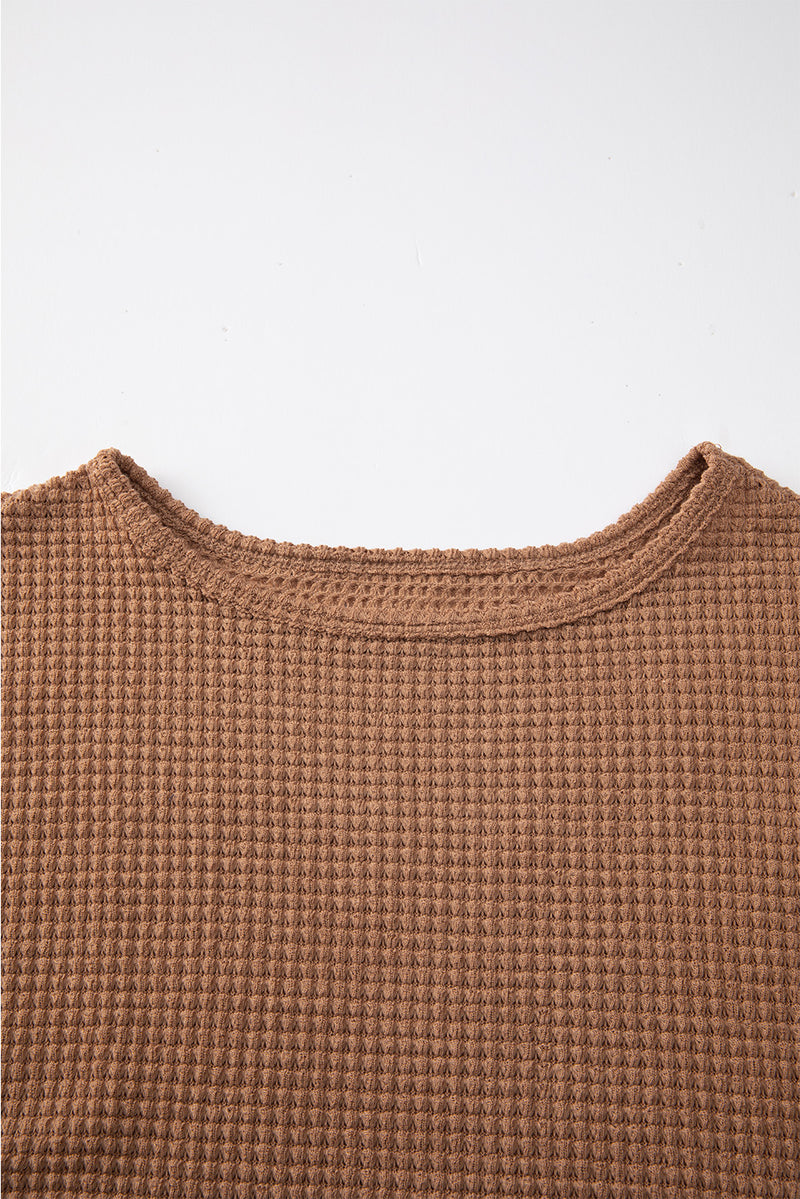 Khaki Waffle Knit Casual Drop Shoulder Long Sleeve Top