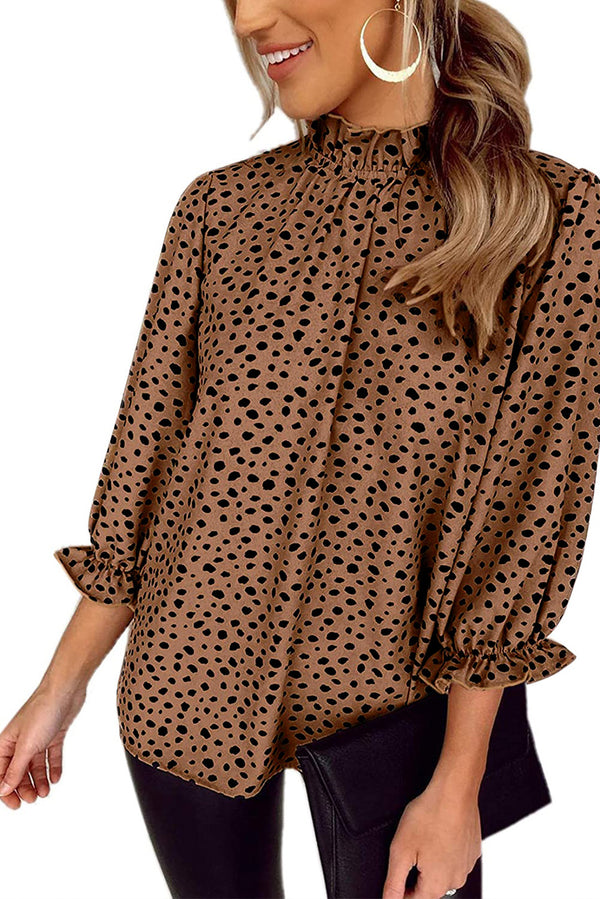 Brown Leopard Print Frill Neck 3/4 Sleeves Blouse