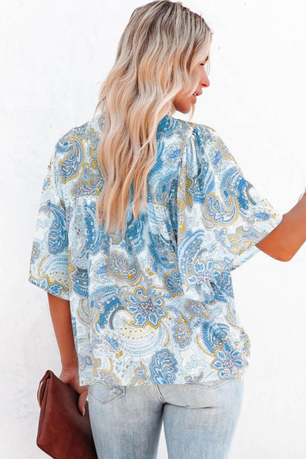 Light Blue Paisley Print Flounce Sleeves Loose Blouse