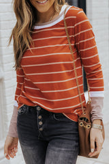 Brown Contrast Spliced Colorblock Cuffed Rib Knit Top