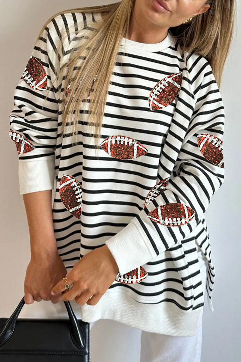 Black Stripe Sequin Rugby Football Side Slits Oversized Sweatshirt