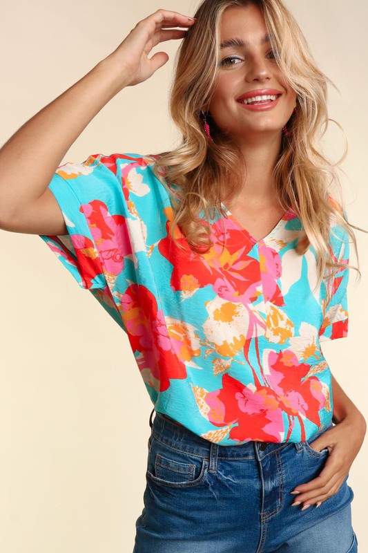 PLUS DROP SHOULDER DOLMAN BANDED FLORAL WOVEN TOP