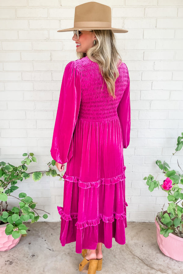 Rose Red Smocked V Neck Tiered Ruffle Velvet Plus Size Maxi Dress