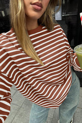 Coffee Striped Long Sleeve Round Neck Loose Fit Sweatshirt