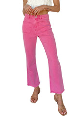 Pink Raw Hem Light Wash Flare Mid Rise Pants