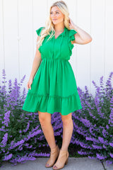 Bright Green Split V Neck Elastic Waist Ruffled Mini Dress