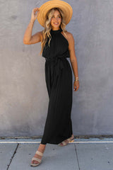 Green Elegant Halter Neck Belted Pleated Wide Leg Jumpsuit