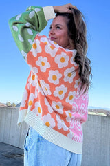 Orange Flower & Dotted Print Colorblock Open Front Cardigan