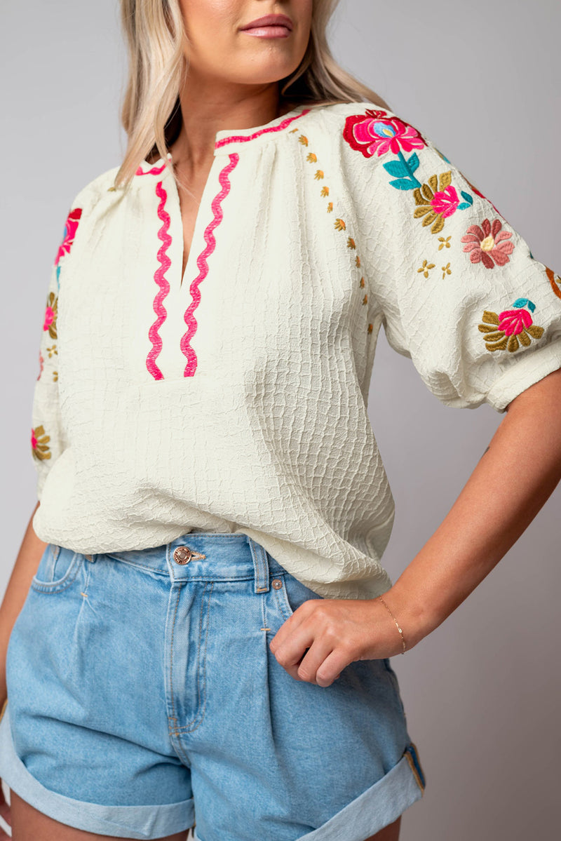 Beige Floral Embroidered Puff Sleeve Ricrac Textured Blouse