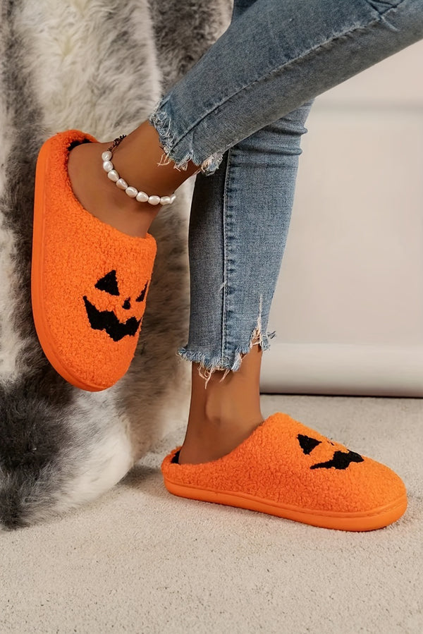 Orange Halloween Pumpkin Face Graphic Plush Slippers