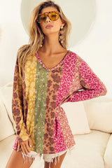 Multicolor Floral and Leopard Print Long Sleeve T Shirt