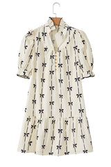 Beige Cute Bowknot Printed Bubble Sleeve V Neck Mini Dress