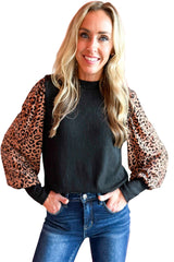 Apricot Leopard Print Long Sleeve Ribbed Knit Blouse