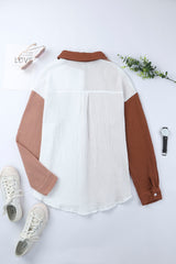 Brown Color Block Pockets Textured Long Sleeve Shacket