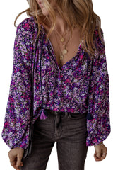 Purple Boho Ditsy Floral Split V Neck Bubble Sleeve Blouse