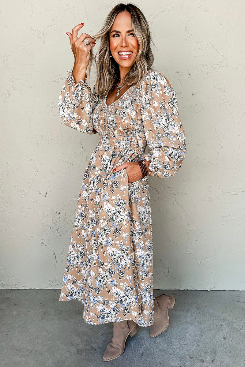 Khaki Floral Smocked Puff Sleeve Maxi Dress