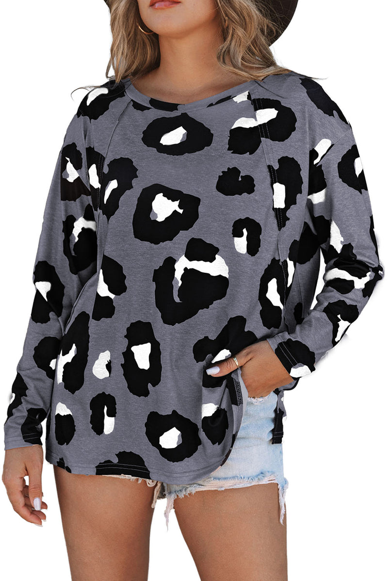 White Leopard Print Casual Loose Long Sleeve Top