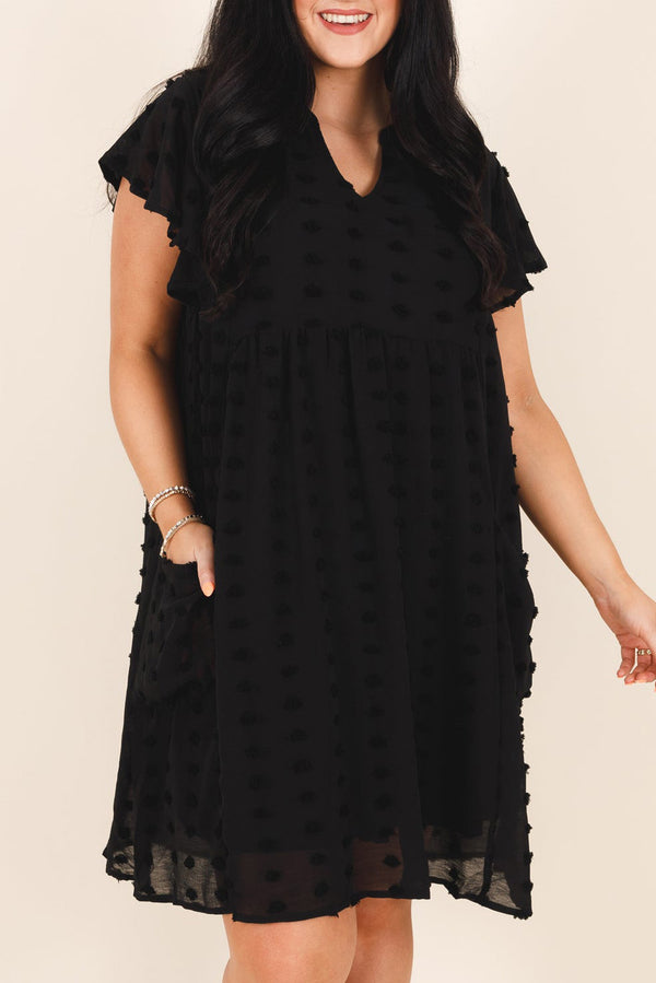 Black Dotty Textured Notched Neck Ruffle Plus Size Dress