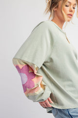 Smoke Green Flower Patchwork Exposed Seam Raglan Sleeve Top