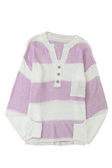 Pink Striped Long Sleeve Henley Knit Sweater with Slits