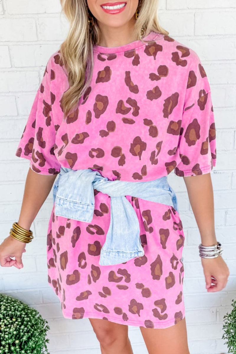 Pink Leopard Mineral Wash Side Pocket T Shirt Mini Dress