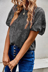 Black Dotted Puff Sleeve Round Neck Blouse