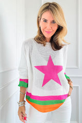 White Star Pattern Colorblock Drop Shoulder Lightweight Sweater