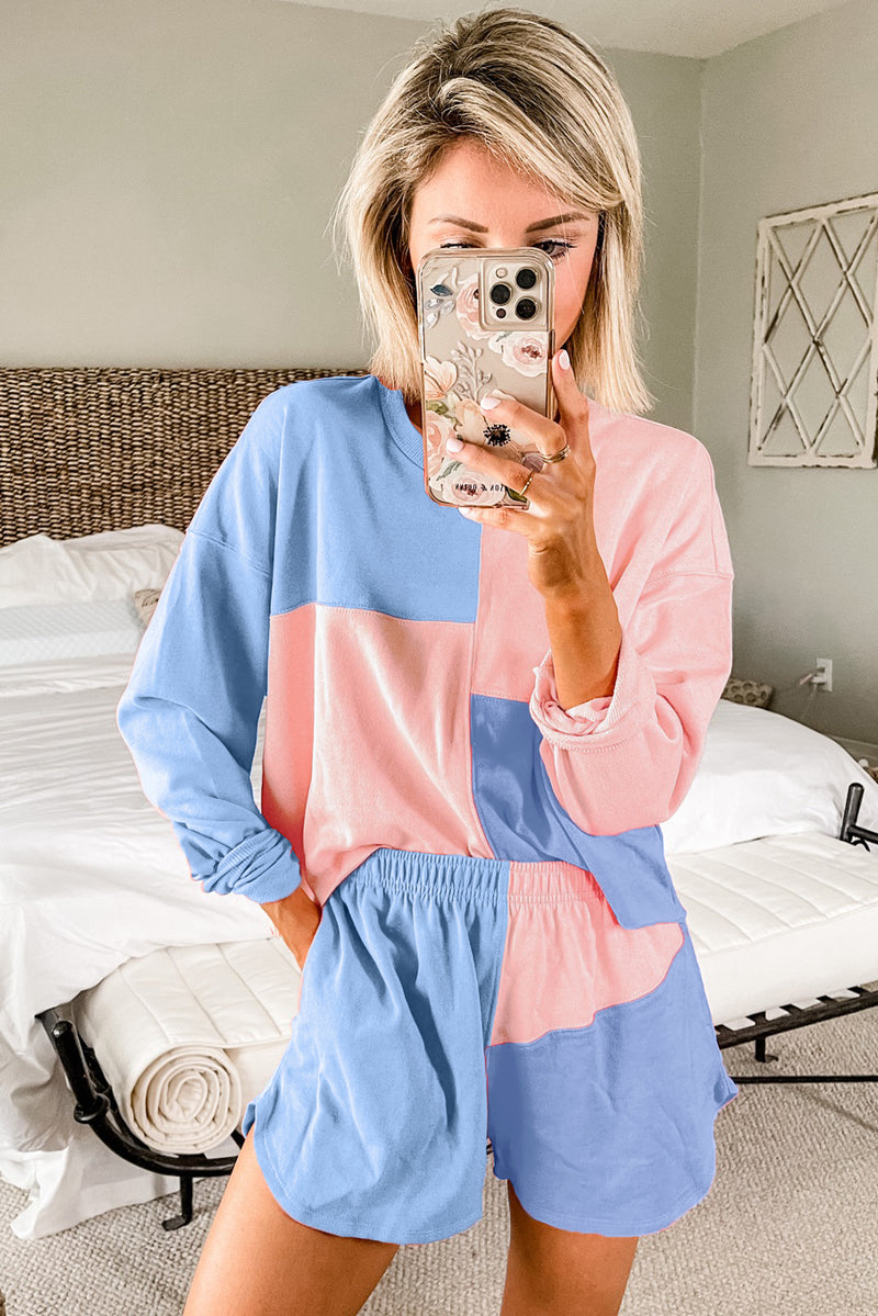 Sky Blue Colorblock Long Sleeve Top & Pocketed Shorts Set