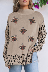 Khaki Sequin Turkey Leopard Mixed Pattern High Neck Sweater