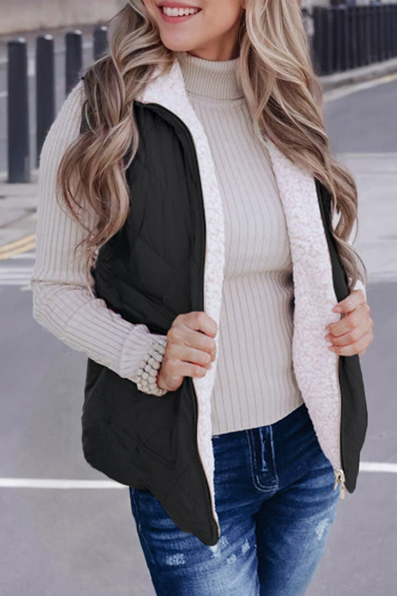 Black Zip Up Fleece Lined Quilted Vest Coat