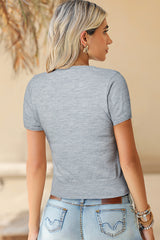 Grey Flowers Square Neck Short Sleeve Knit Top