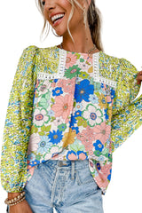 Green Bubble Sleeve Lace Detail Mixed Floral Blouse