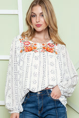 Beige Bohemian Floral Embroidered Printed Buttons Front Blouse