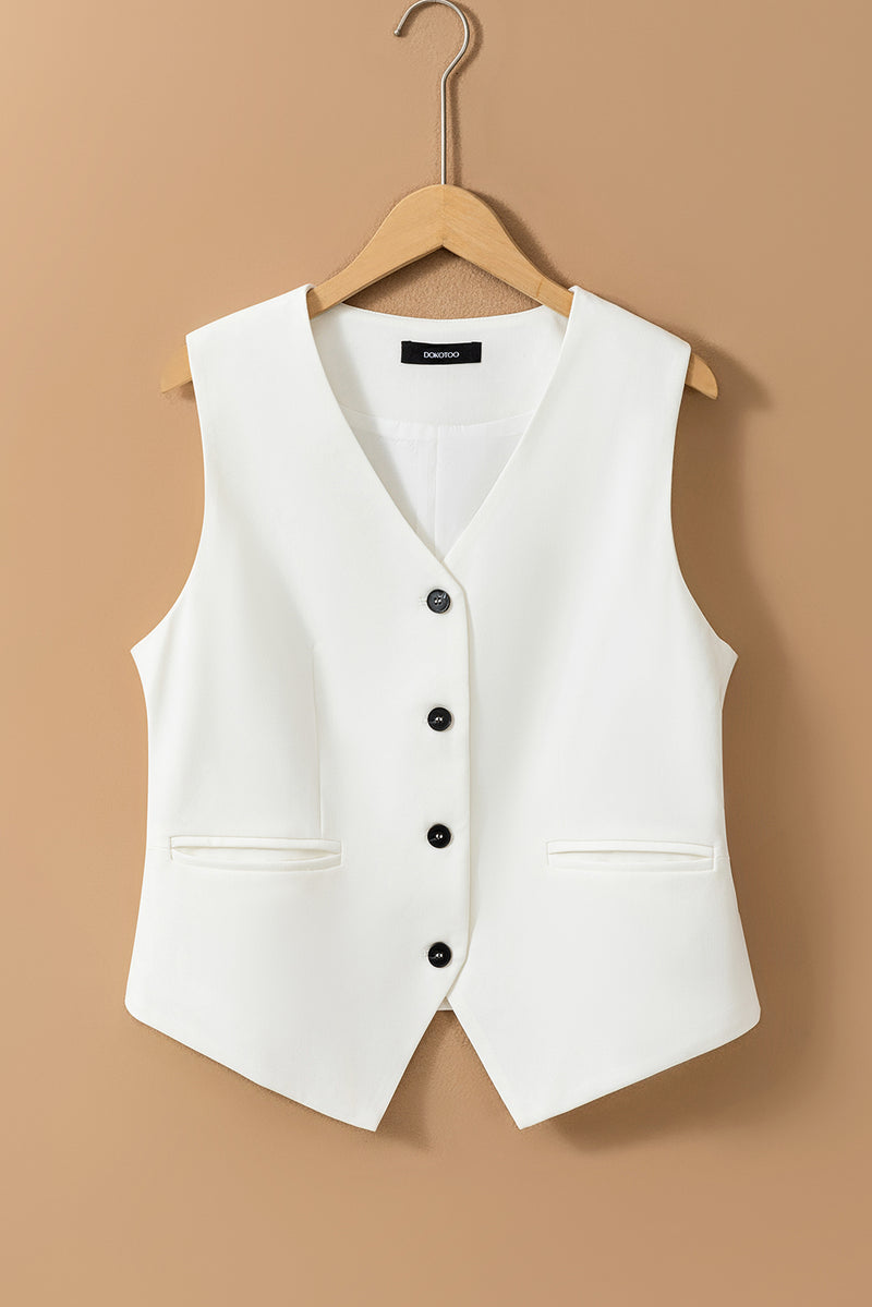 White Solid Color Button Up V Neck Suit Vest