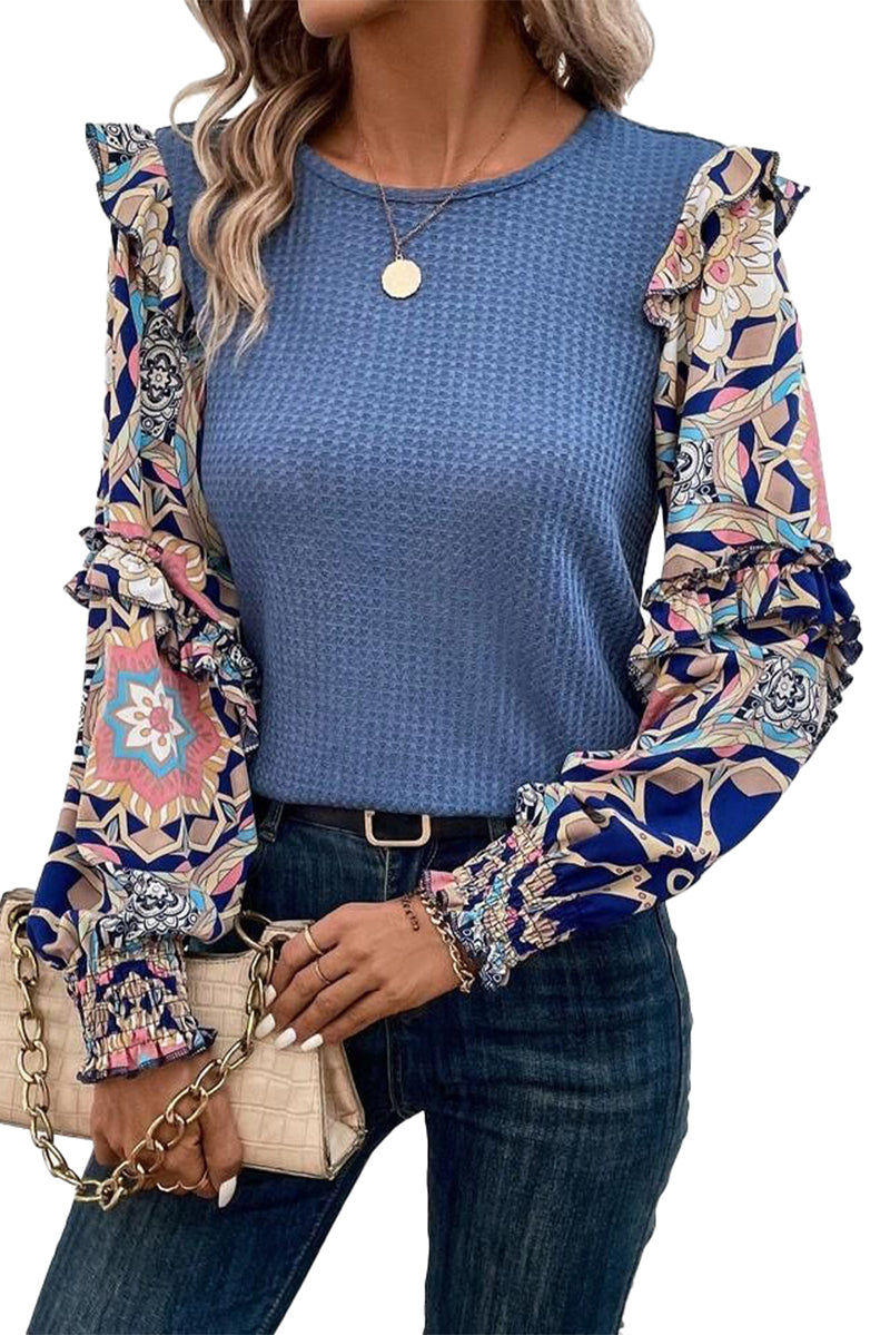 Ashleigh Blue Ruffle Floral Sleeve Patchwork Waffle Top