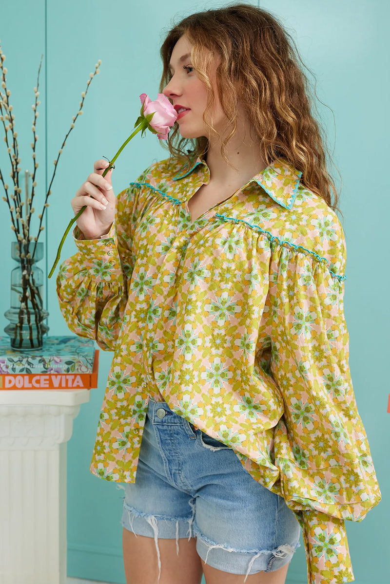 Green Boho Floral Frill Detail Long Sleeve Shirt