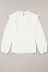 White Frilled Neck Ruffled Trim Bubble Sleeve Blouse