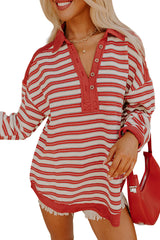 Red Stripe Collared V Neck Drop Shoulder Top