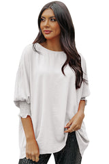 White Plain & Casual Shirred Cuffs Half Sleeve Top