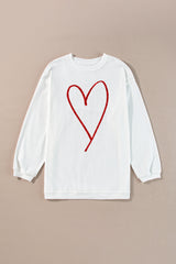 White Glitter Heart Print Corded Graphic Pullover Sweatshirt