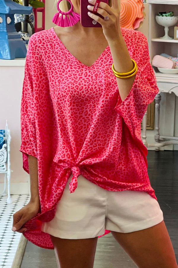 Rosy Leopard Print Oversized Casual Half Sleeve V Neck Top