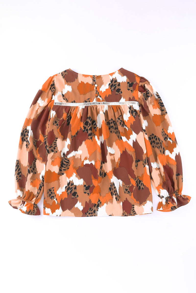 Multicolor Abstract Print Boho Ruffle Puff Sleeve Blouse